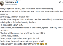 X user narrates how woman slept with her ex before wedding, confessed after marriage, DNA test later revealed the child wasnt her husbands or exs