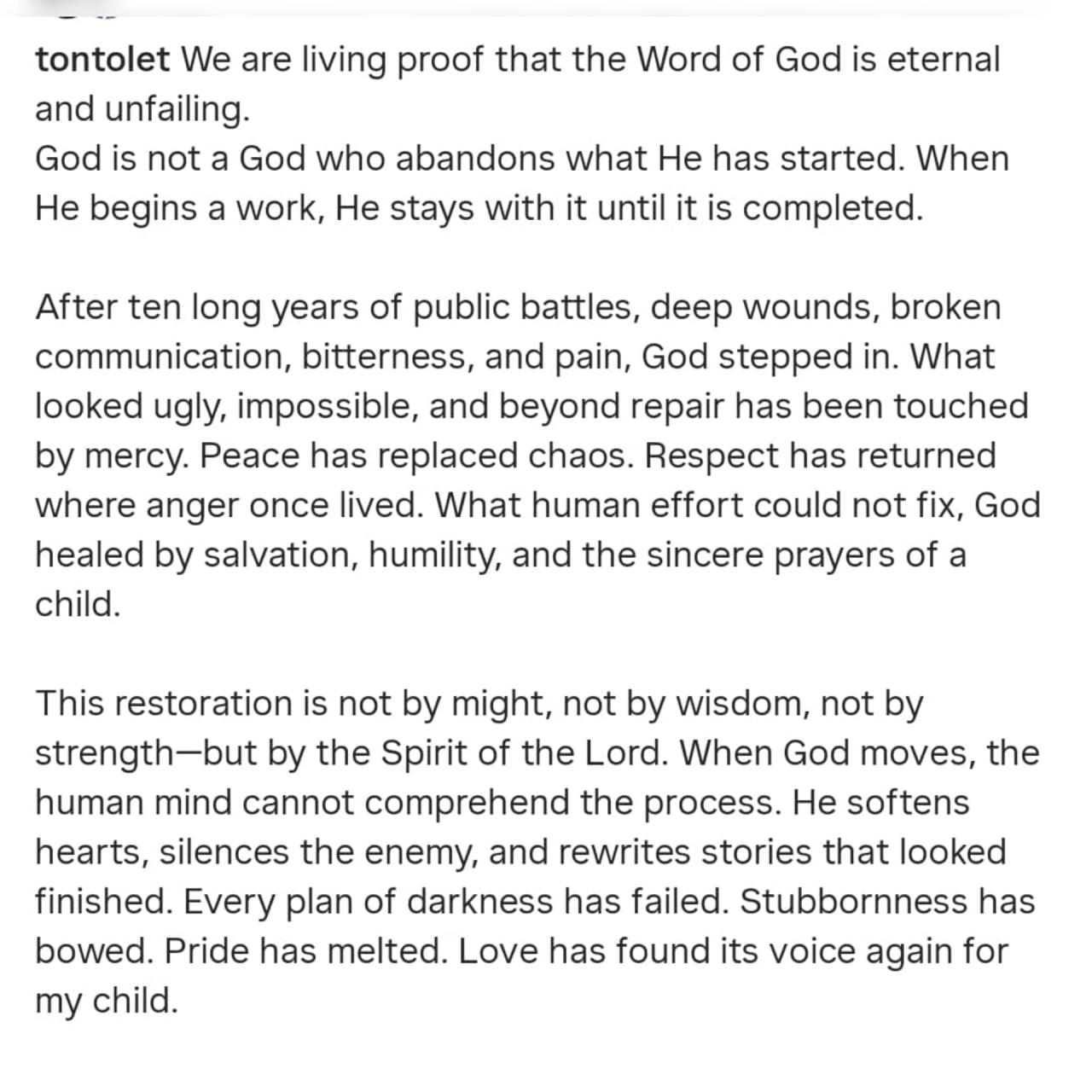 Actress Tonto Dikeh speaks on reconciliation with her child's father and healing after 10 years of public battles