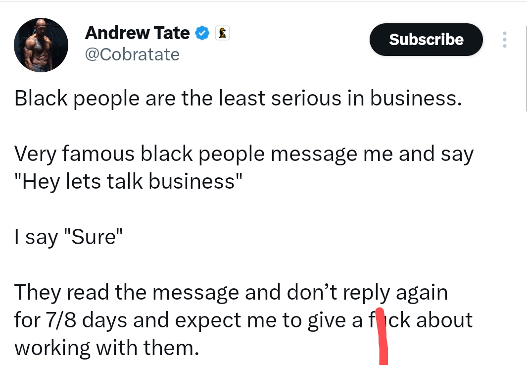 Blvck people are the least serious in business  Andrew Tate sparks outrage with X post