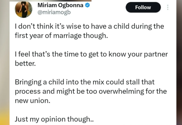 Actress Miriam Ogbonna sparks debate over having children in the first year of marriage