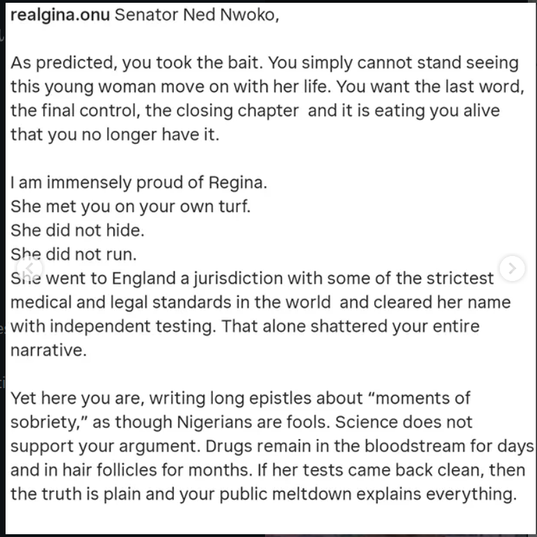 Actress Gina Onuoha fires back at Senator Ned Nwoko over Regina Daniels drug test, calls his reaction control, not love