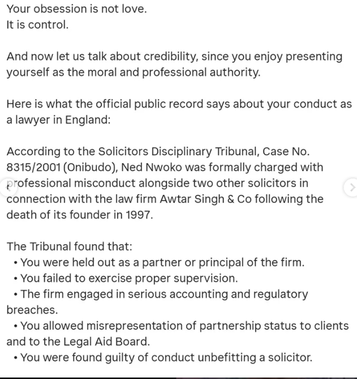 Actress Gina Onuoha fires back at Senator Ned Nwoko over Regina Daniels drug test, calls his reaction control, not love