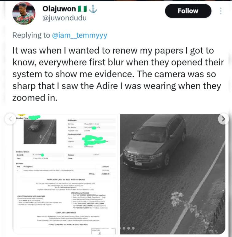 Lagos drivers react as netizens share traffic fines with clear camera evidence