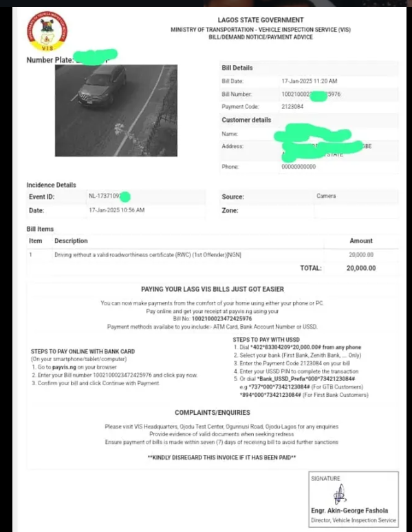 Lagos drivers react as netizens share traffic fines with clear camera evidence