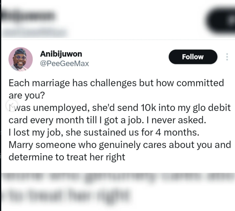 I was jobless, she kept us afloat, 17 years later, im still grateful  Man reflects on marriage and sacrifice