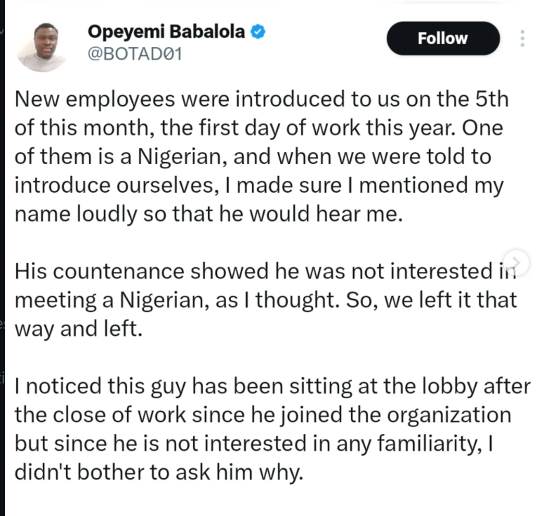 Nigerian man shares how his colleague avoided him at work only to discovered they lived three streets apart