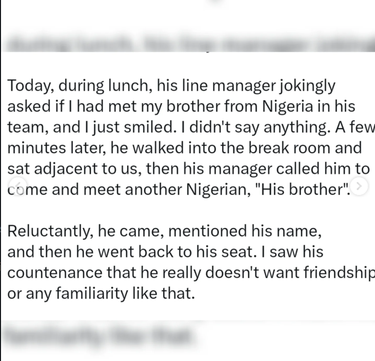 Nigerian man shares how his colleague avoided him at work only to discovered they lived three streets apart