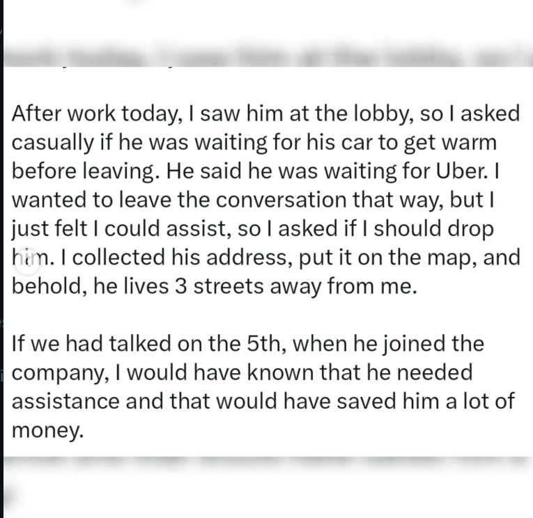 Nigerian man shares how his colleague avoided him at work only to discovered they lived three streets apart