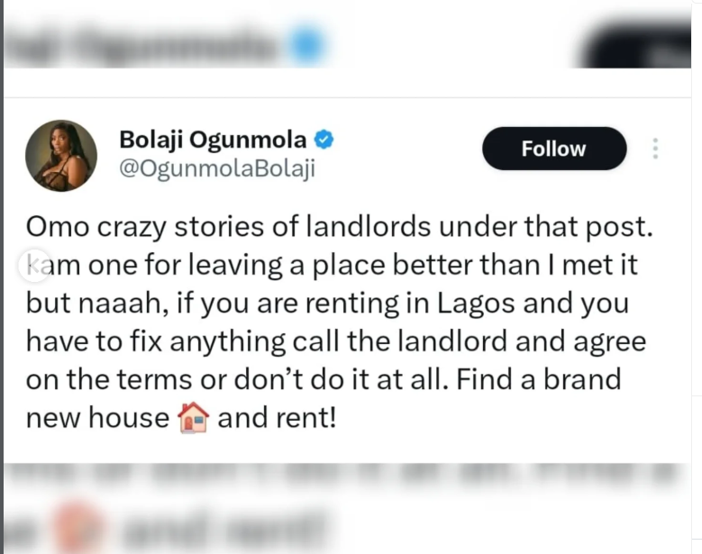 If youre renting in Lagos, dont fix anything  Actress Bolaji Ogunmola sparks debate over landlords in Lagos