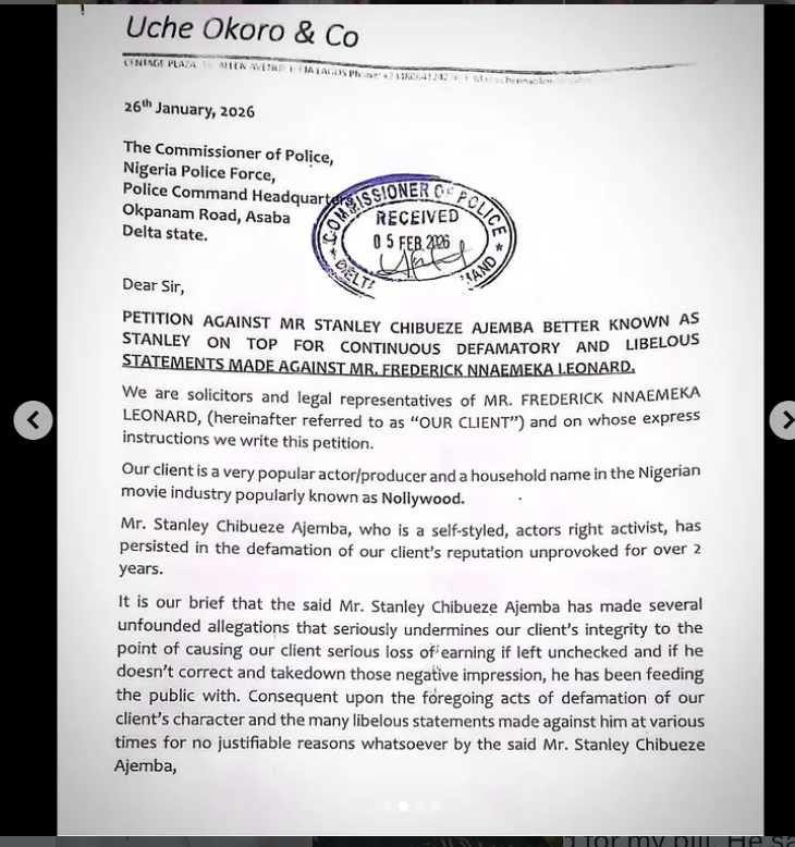 Actor Frederick Leonard petitions police over alleged defamation by Stanley On Top