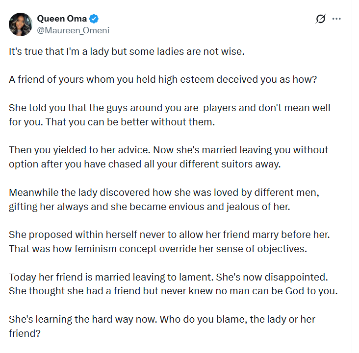 X user shares story of lady who allegedly chased her suitors away because of a friends advice