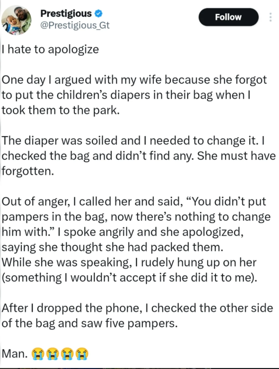 I Hate To Apologize Man shares how he yelled at his wife over missing diapers only to find them inside the same bag
