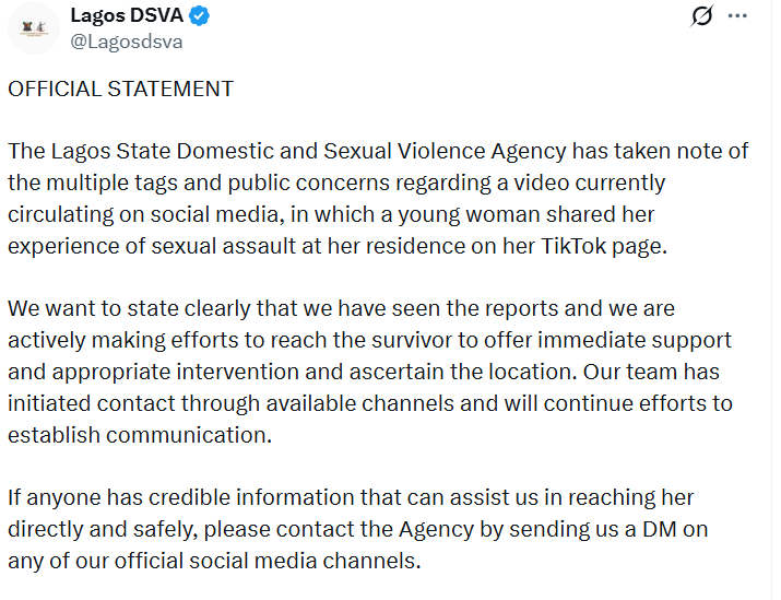 Lagos DSVA reacts after lady alleges sexual assault in viral TikTok video