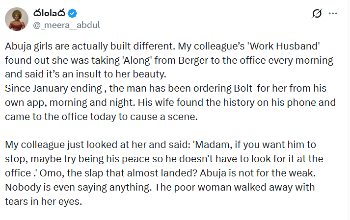 Wife reportedly confronts husbands colleague at Abuja office over Bolt ride history