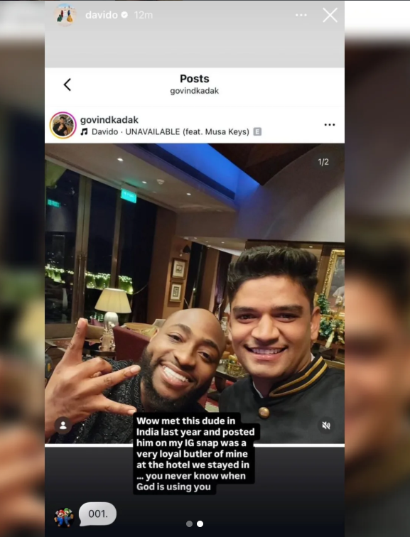 You never know when God is using you - Davido reacts after indian hotel staff sends him heartfelt message about how meeting him changed his life
